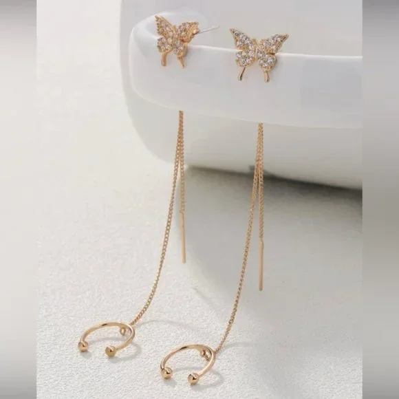 2pcs Cubic Zirconia Butterfly Decor Chain Linked Earring Yellow Gold Jewelry - Picture 5 of 6